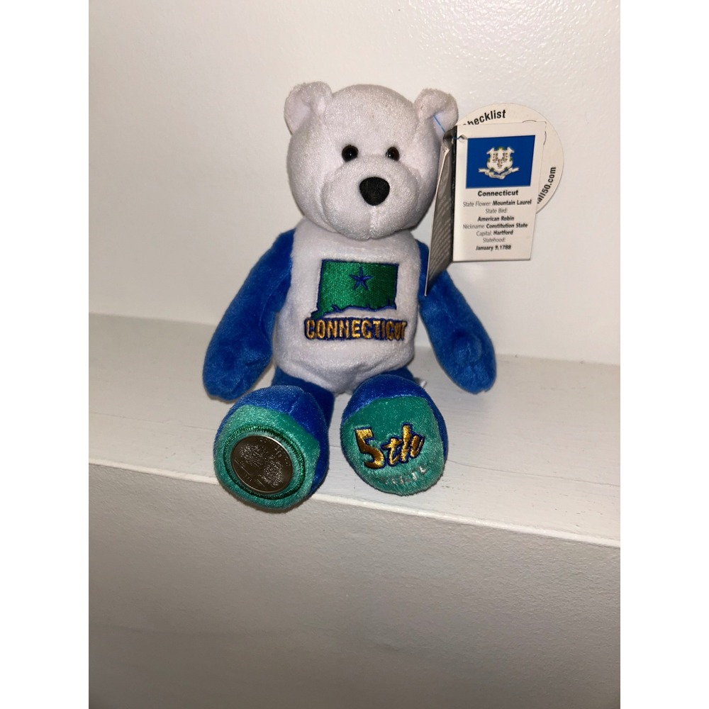 Limited Treasures Connecticut State Quarter Bear Plush Blue White 5th State 2001